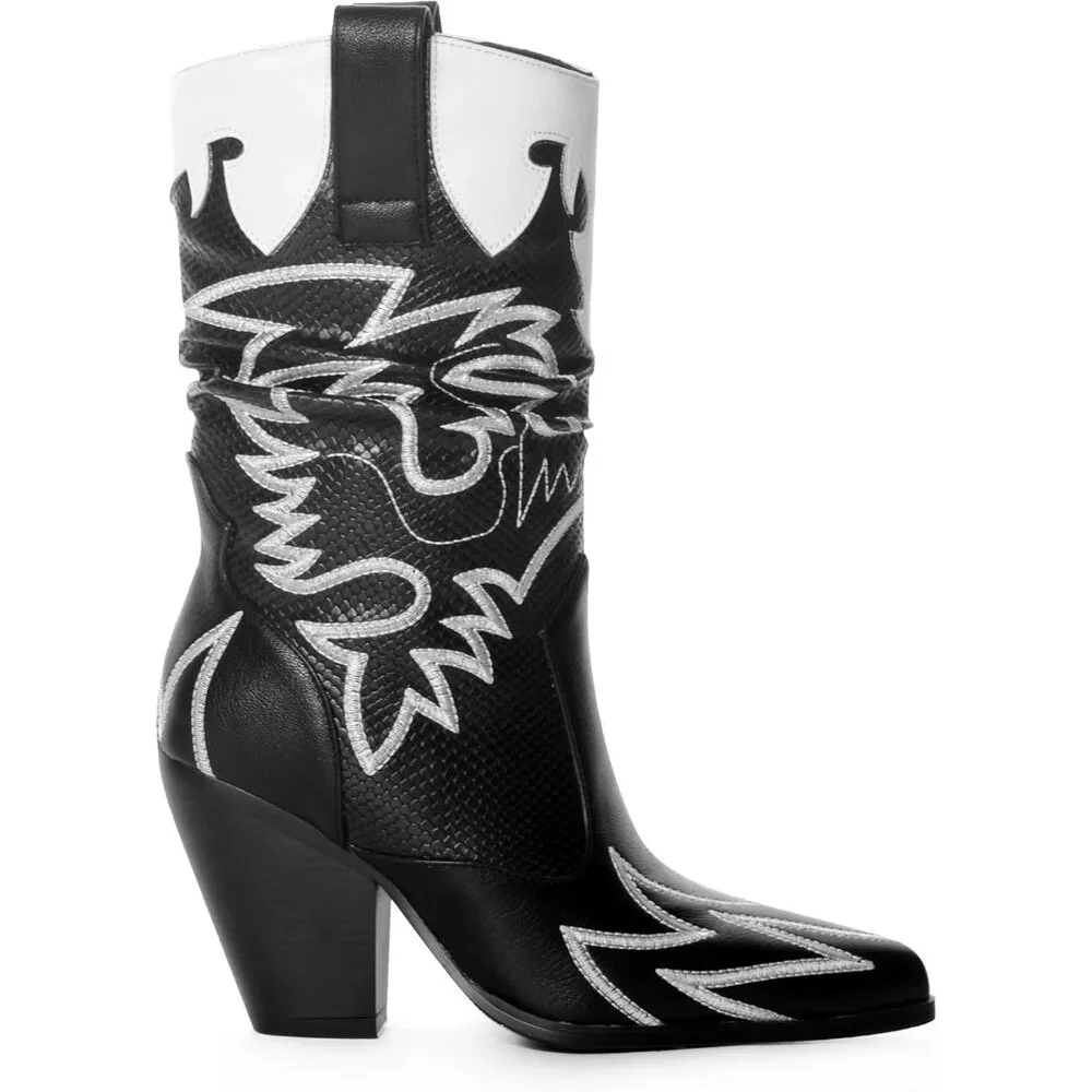 ⚡Women's Black Boots Cowgirl Mid Calf Knee-high Boots Contrast Embroidery - Picture 2 of 6
